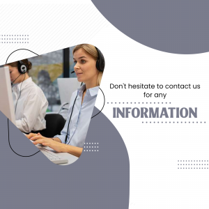 Woman wearing a headset working at a computer in an office setting with text 'Don't hesitate to contact us for any INFORMATION'