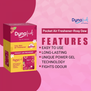 Image of DynaFresh Rosy Dew Pocket Air Freshener packaging with features listed.