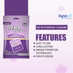 Dyna Fresh Lavender Car Air Freshener packaging with features listed