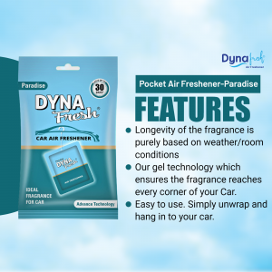 Image of Dyna Fresh Paradise Pocket Air Freshener with features listed.