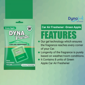 Image of a Dyna Fresh Green Apple car air freshener package.