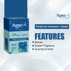 Image of a Dynafresh Cobalt Pocket Air Freshener box with product features.