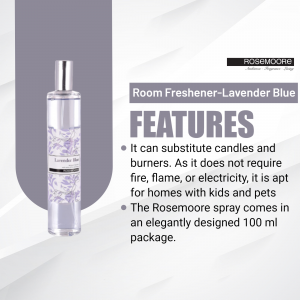 Rosemoore Lavender Blue Room Freshener in a glass bottle with lavender sprigs