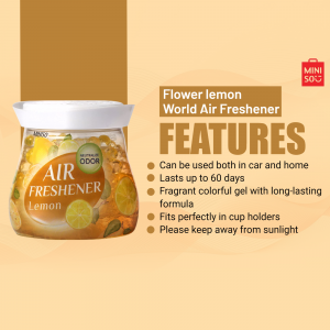 Close-up of a MINISO Flower Lemon Air Freshener in a jar with lemon slices visible.