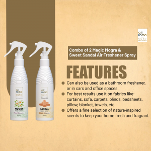 Two bottles of air freshener spray, one Mogra and one Sandalwood, with product features listed.