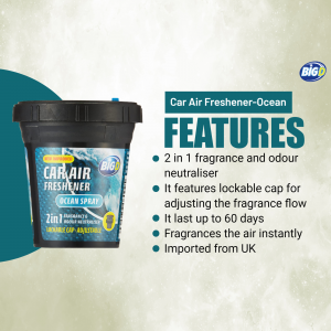 Close-up of a Big D Car Air Freshener Ocean Spray can with features listed.