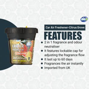 Big D Car Air Freshener Citrus Grove product shot with features listed