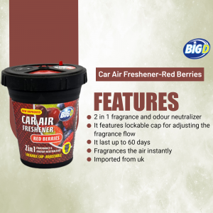 Close-up of a BigD Red Berries car air freshener with product features listed.