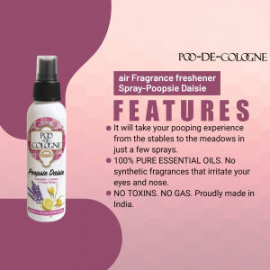 Product shot of Poo-De-Cologne air freshener spray bottle with features listed.