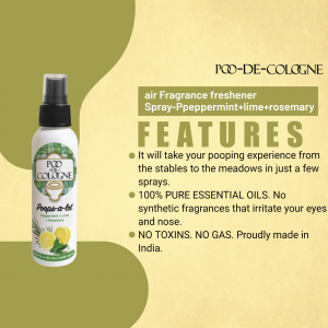 Product shot of Poo-De-Cologne air freshener spray bottle with features listed.