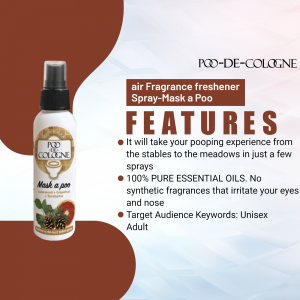 Poo-De-Cologne air freshener spray bottle with product features listed.