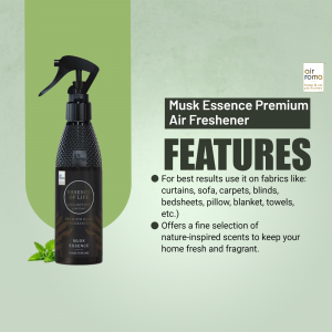 Black spray bottle of Musk Essence Air Freshener with product features listed.