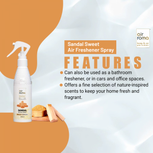 Air Roma Sandal Sweet Air Freshener Spray bottle with features listed