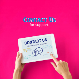 Tablet displaying 'Contact Us' with a hand pointing at the screen.