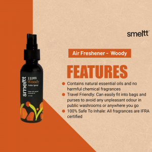 Smelt Woody Air Freshener bottle with features listed