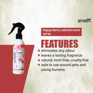 Smelt Happy Berry Natural Room Spray bottle with features listed