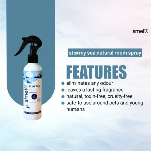 Smelltt Stormy Sea Natural Room Spray bottle on a blue background with features listed.
