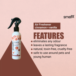 Smelt air freshener bottle with cinnamon and vanilla scent, featuring product details.