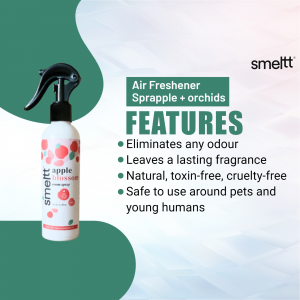 Smelt Air Freshener spray bottle with features listed
