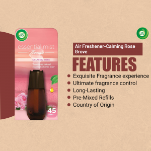Close-up of Essential Mist Calming Rose Air Freshener with product features listed.