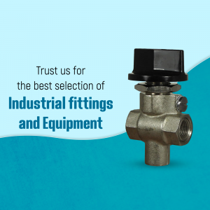 Close-up of a brass industrial valve with text promoting industrial fittings and equipment.