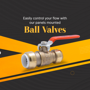 Close-up of a red and gold ball valve with text overlay