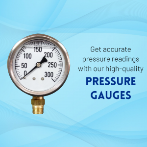 Close-up of a pressure gauge with a blue background and text promoting accurate pressure readings.