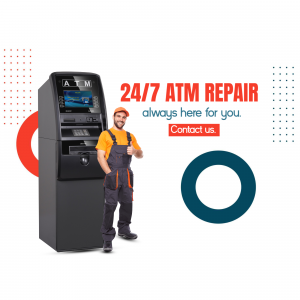 ATM repair technician standing next to an ATM with text '24/7 ATM Repair'