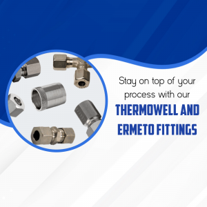Close-up of stainless steel Thermowell and Ermeto fittings with text overlay