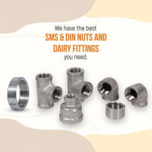 Stainless steel SMS and DIN nuts and dairy fittings displayed on a light background.