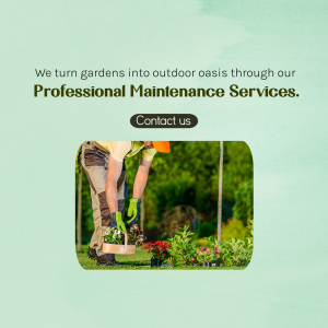 Gardener tending to plants with text promoting professional maintenance services.