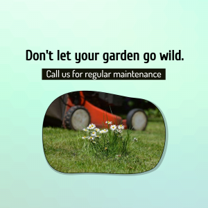 Lawnmower on green grass with text promoting garden maintenance
