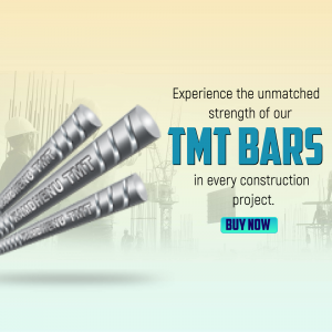 Close-up of TMT steel bars with construction site background and a 'Buy Now' button.