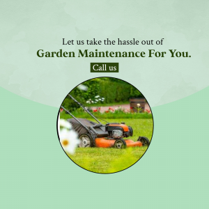 Lawnmower mowing a green lawn with text promoting garden maintenance services.