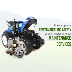 Image of a blue tractor with its hood open, showcasing maintenance services and spare parts.