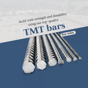 Close-up of TMT steel bars with text promoting their strength and quality.