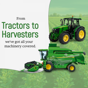 Image of a green tractor and combine harvester in a field