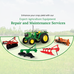 Green tractor with agricultural tools and text promoting repair and maintenance services.
