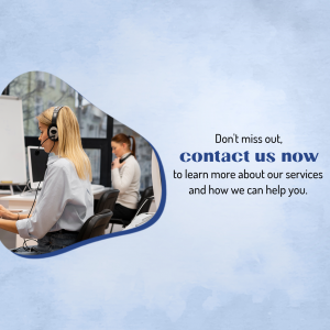 Woman wearing a headset working at a computer with a blurred colleague in the background and text 'Don't miss out, contact us now'