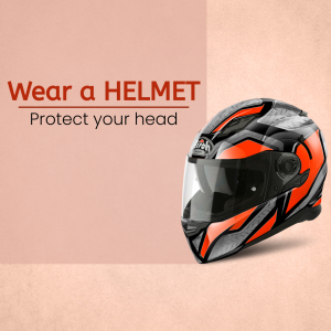 A stylish black and orange motorcycle helmet on a peach background with the text 'Wear a HELMET - Protect your head'.