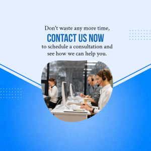 Image of call center agents with text encouraging viewers to schedule a consultation.