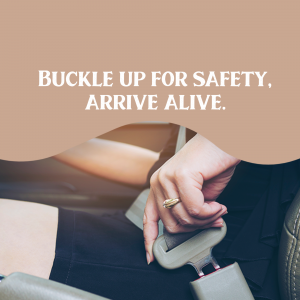 Close-up of a hand fastening a seatbelt in a car, promoting road safety.