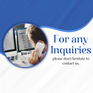 Man on the phone with computer screen in the background, contact information graphic
