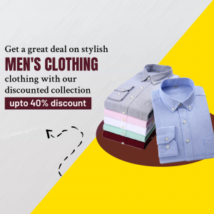 Stack of men's shirts with a promotional offer for discounted clothing.