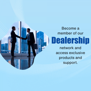 Two businessmen shaking hands with a city skyline background and text promoting a dealership membership network.