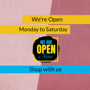 Image announcing a business is open Monday to Saturday with a 'We Are Open Now' graphic.