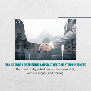 Business partnership handshake with city skyline background and distributor recruitment text.