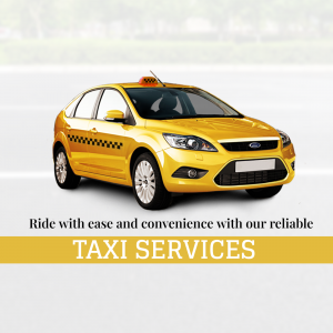 Yellow taxi car with taxi services advertisement