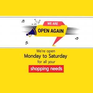Announcement of business reopening with festive graphics.
