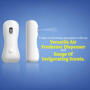 White air freshener dispenser with spray mist on a blue background